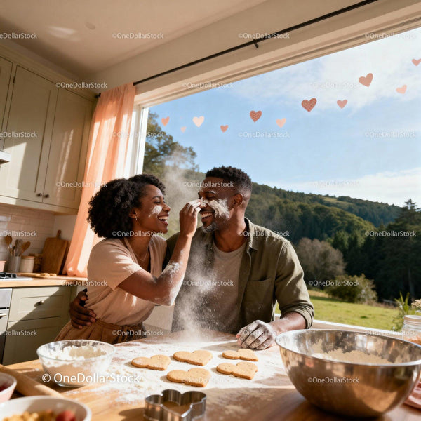 Couple Playfully Baking Heart Shaped Cookies Together