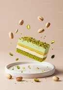 Layered pistachio mousse cake slice with nuts
