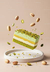 Layered pistachio mousse cake slice with nuts