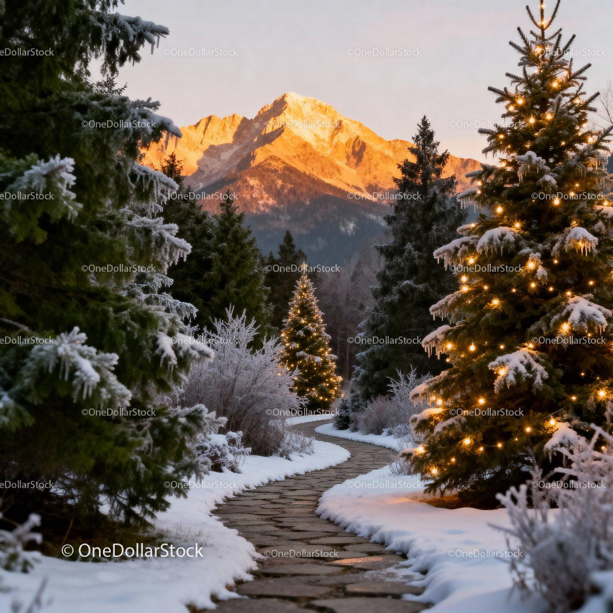 Winter evening path with glowing Christmas trees and mountains