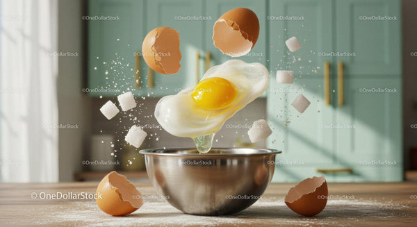 Fresh Egg Cracking Into Bowl with Sugar Cubes Floating