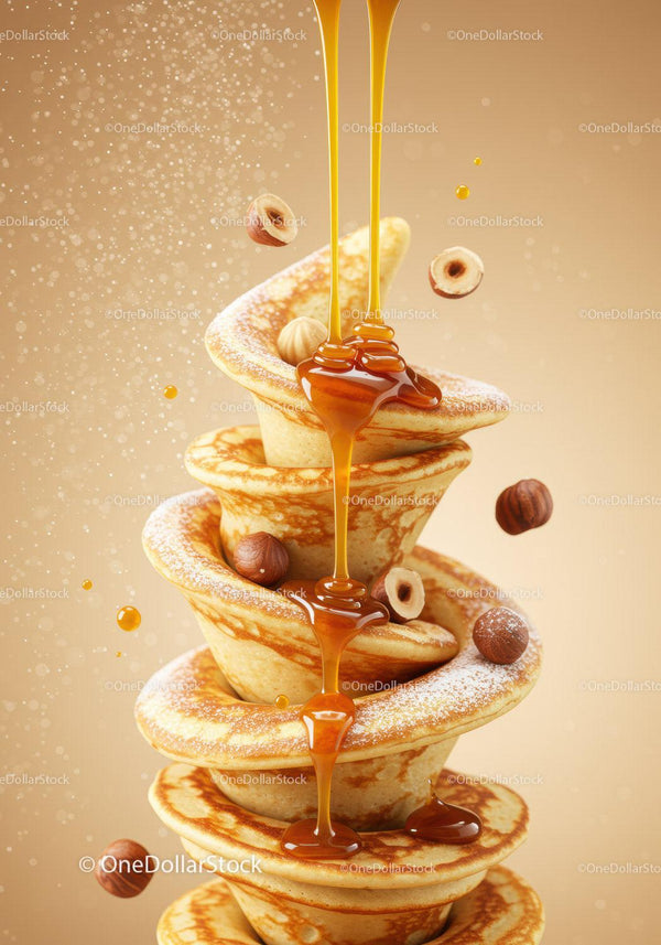 Stack of twisted pancakes with syrup and hazelnuts