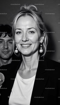 Confident Woman with Pearl Earrings Smiling in Black and White Portrait