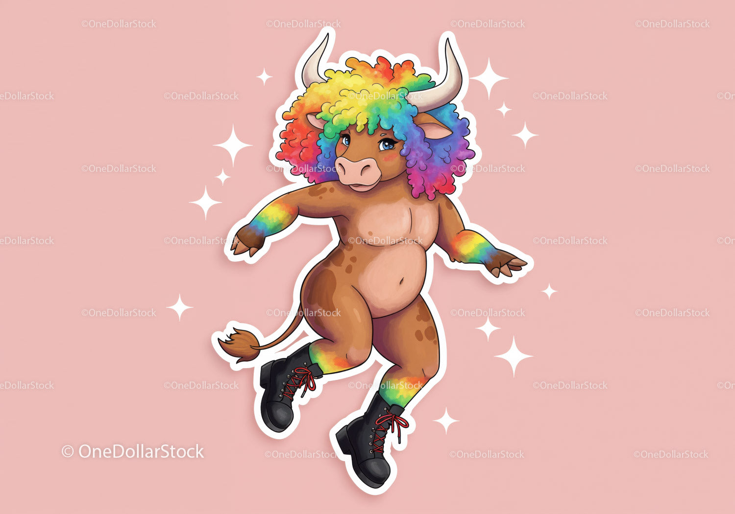Colorful Cartoon Bull with Rainbow Hair in Funky Streetwear