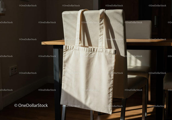 Minimalist canvas tote bag hanging on dining chair JPG Mockup Image