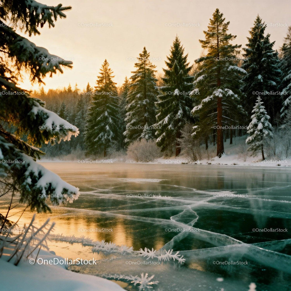 Frozen lake surrounded by snow-covered pine trees at sunset