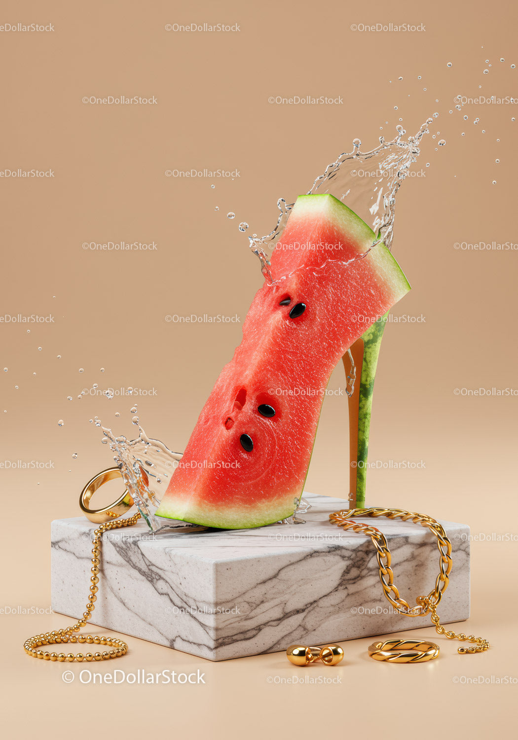 Watermelon high heel with gold jewelry splash