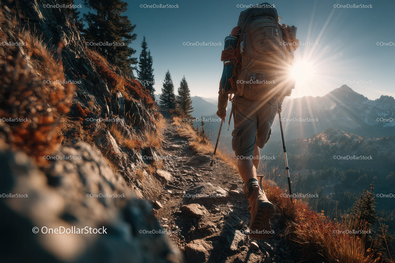 Mountain Hiker Trekking Through Rugged Trail in Alpine Wilderness
