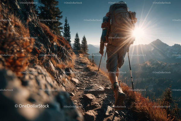 Mountain Hiker Trekking Through Rugged Trail in Alpine Wilderness