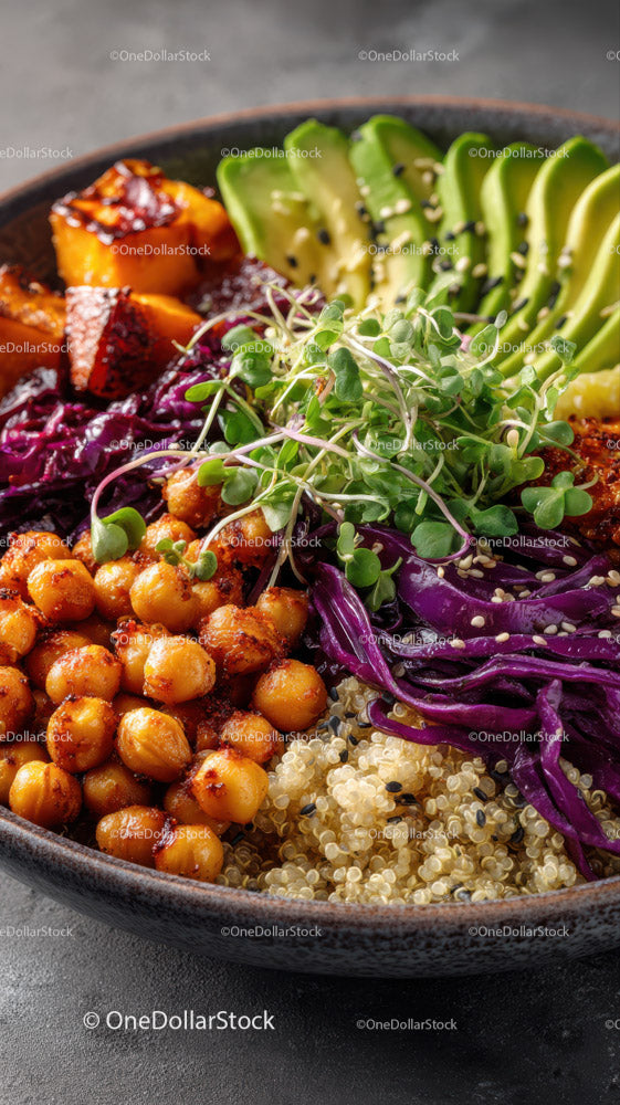 Colorful Vegetarian Bowl with Chickpeas Avocado Quinoa and Greens