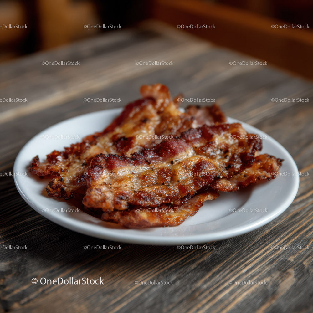 Crispy Bacon Strips on White Plate with Rustic Wooden Background