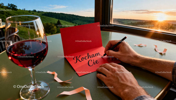 Writing a Romantic Love Note by Sunset with Wine Glass