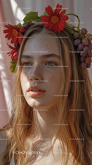 Young Woman with Red Floral Crown and Purple Grapes Outdoor Portrait