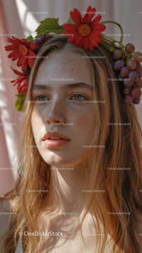 Young Woman with Red Floral Crown and Purple Grapes Outdoor Portrait