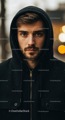 Young bearded man with hoodie outdoors in urban setting