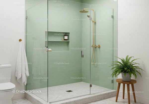 Modern bathroom with glass shower and mint tiles