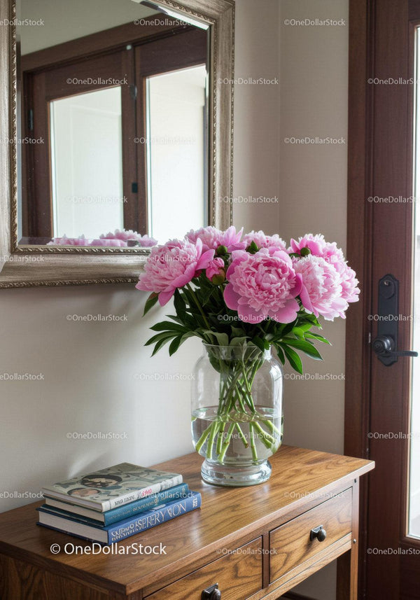 Pink Peony Flowers in Glass Vase on Wooden Console Table