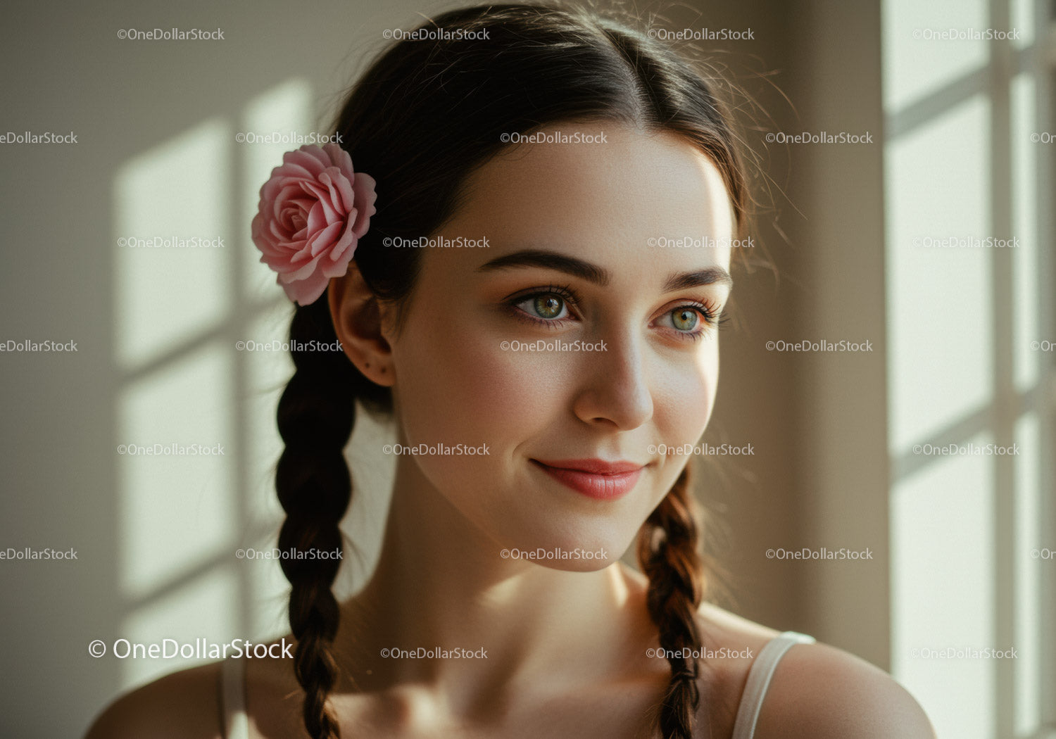 Młoda kobieta z warkoczami i kwiatowymi dodatkami. Portret w słonecznym wnętrzu.