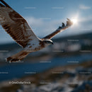 Majestic Sea Eagle in Flight Over Scenic Mountains Under Bright Sky