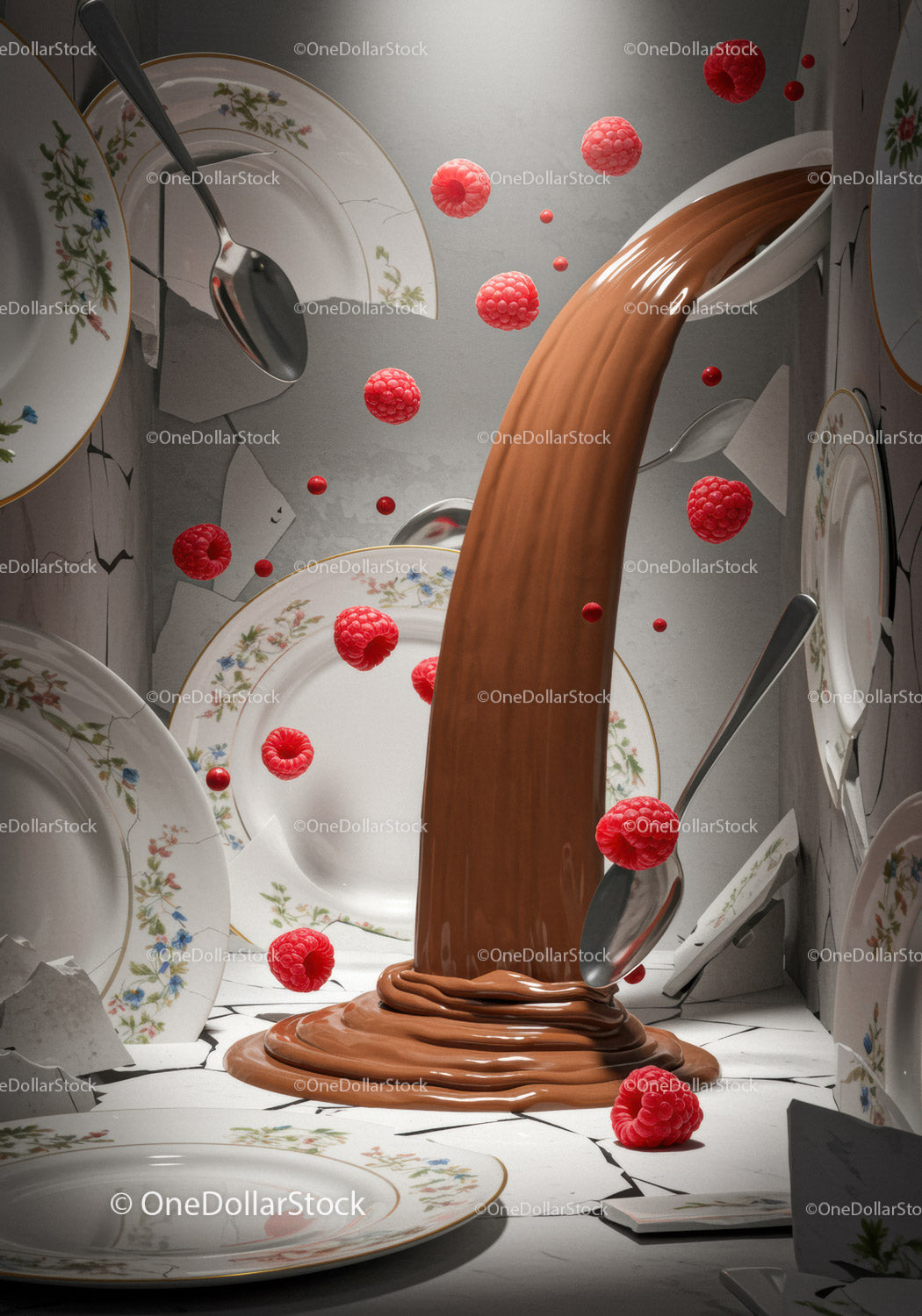 Flowing chocolate and floating raspberries among broken plates