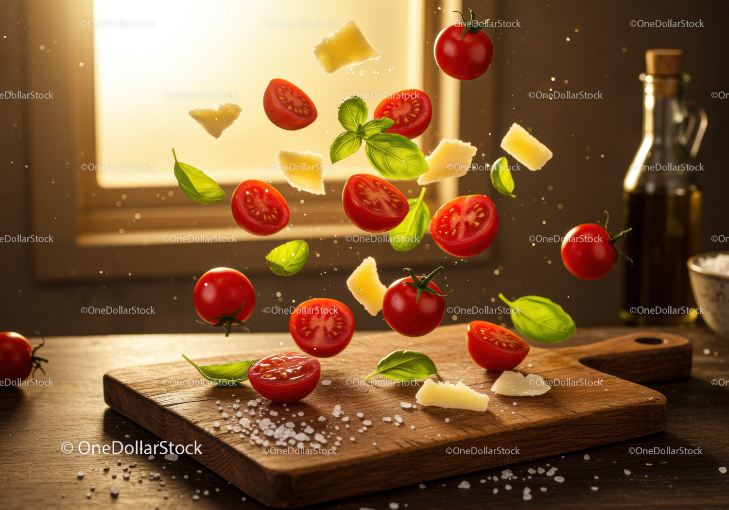 Świeże pomidorki koktajlowe z bazylią i parmezanem na desce