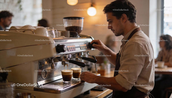 Barista preparing fresh espresso behind the coffee machine