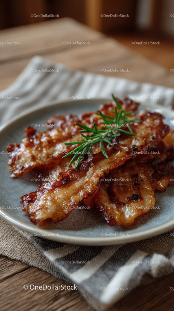 Crispy Bacon Strips Garnished with Fresh Rosemary