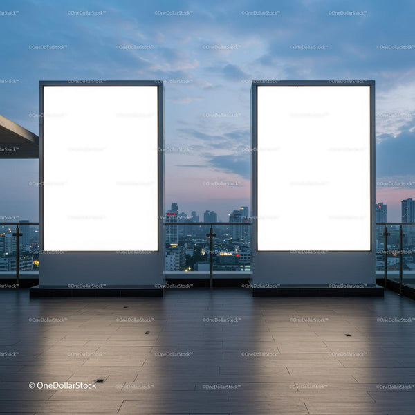 Two Large Blank Billboards on Urban Rooftop at Dusk JPG Mockup Image