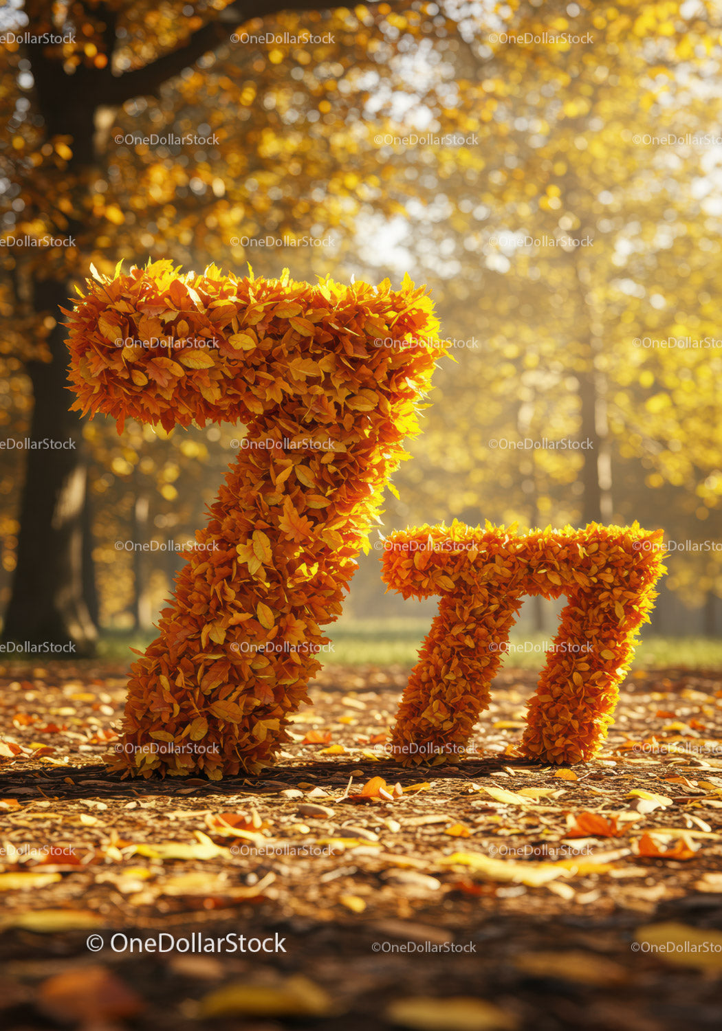 Number Seven Made of Autumn Leaves in Forest Setting