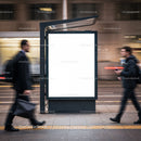 Busy city street with blank urban advertisement board