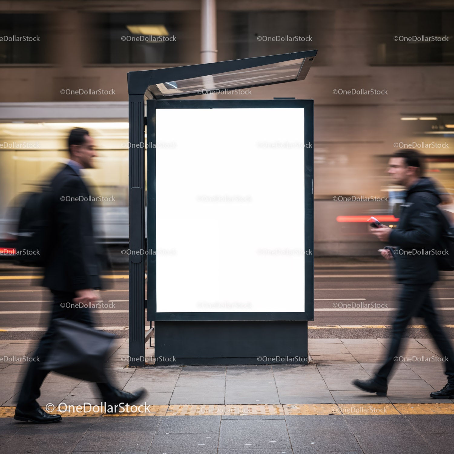 Busy city street with blank urban advertisement board