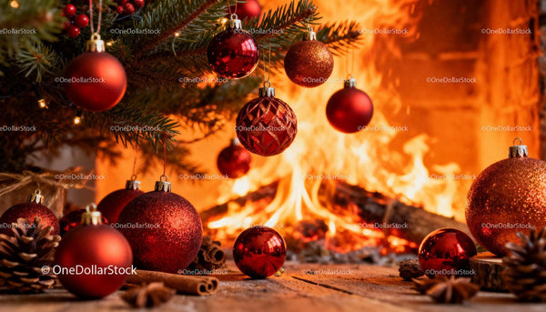Red Christmas baubles hanging by warm fireplace