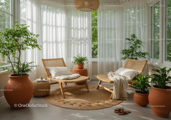 Cozy sunlit room with rattan chairs and lush plants