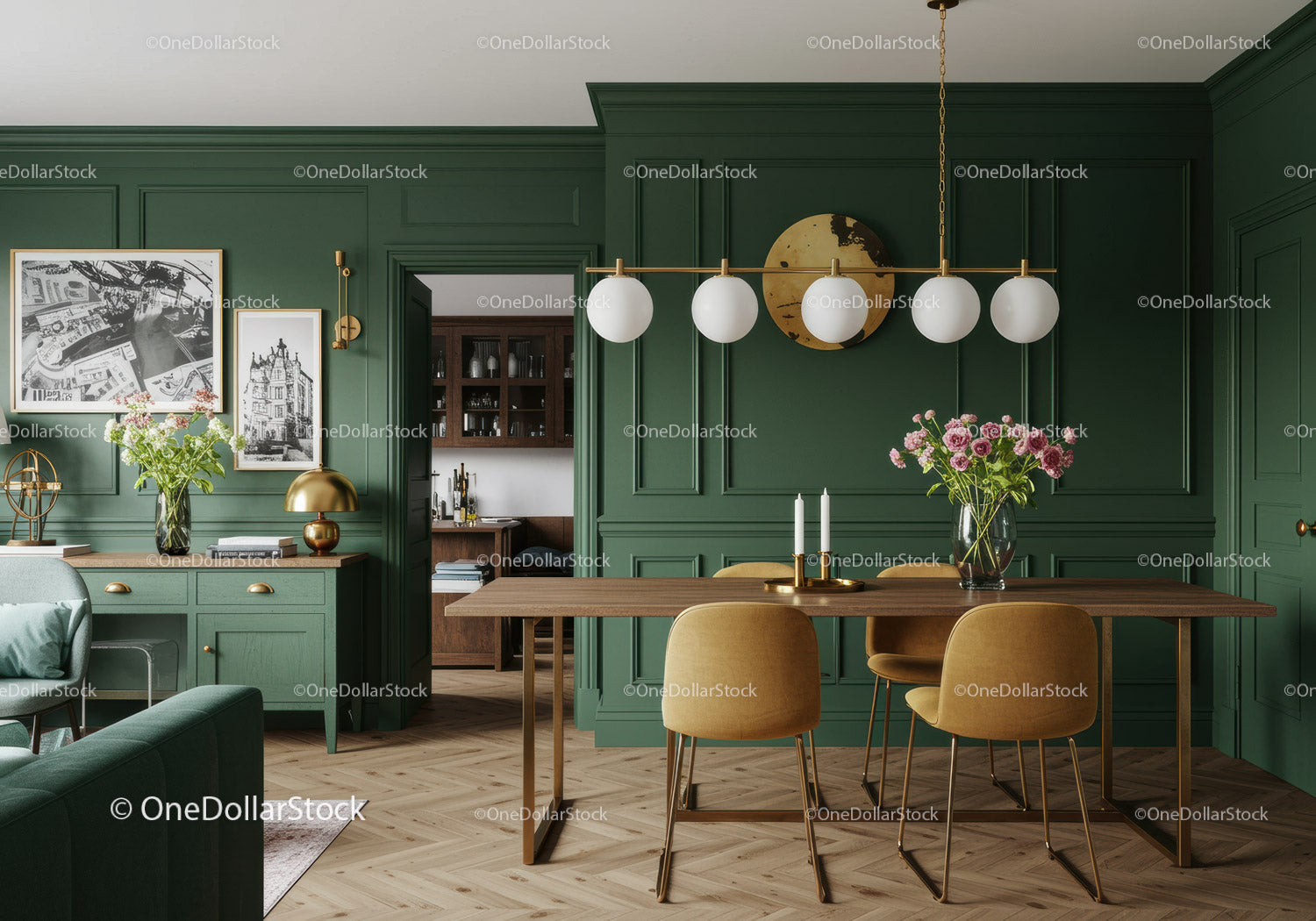 Elegant Green Walled Dining Room with Yellow Chairs and Pink Flowers