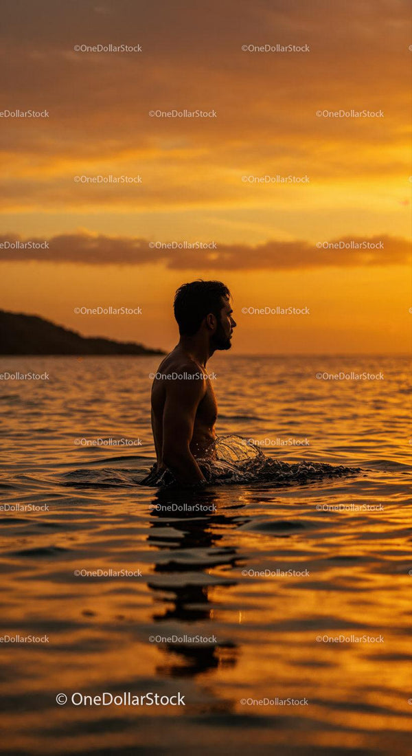 Serene Man Swimming in Ocean During Vibrant Sunset Stock Photo Bundle (15 JPG Files)