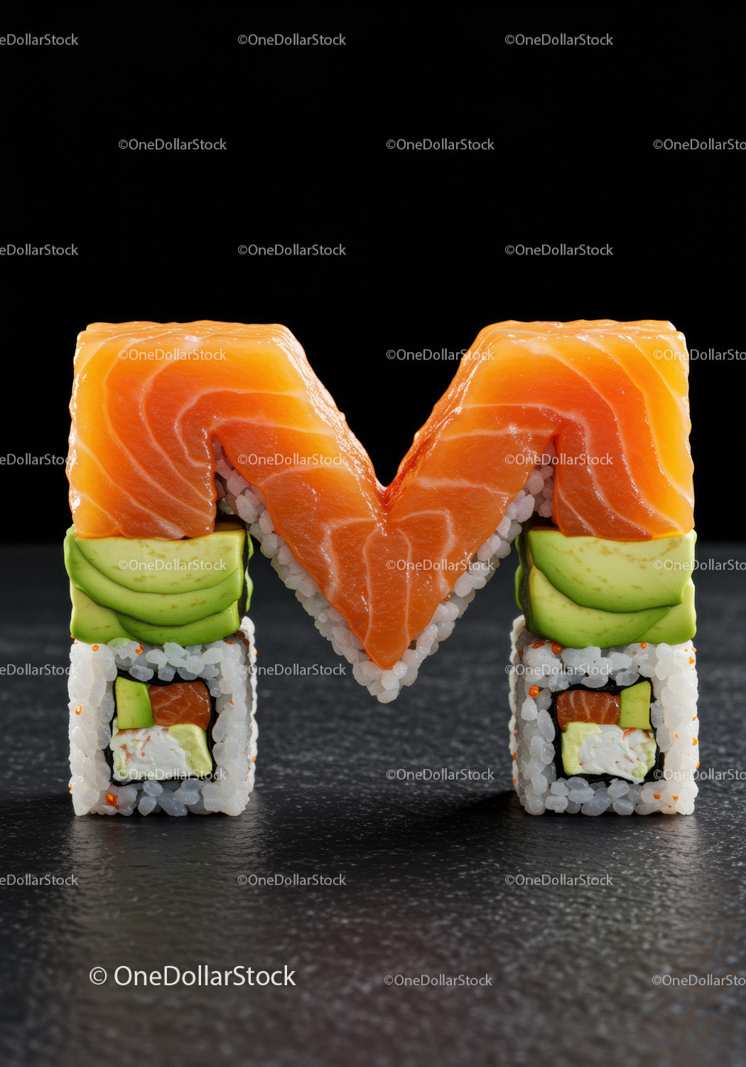 Creative Sushi Arranged in Letter M with Salmon and Avocado