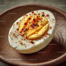 Close-up of a Sliced Hard-Boiled Egg with Chili Flakes in a Rustic Bowl