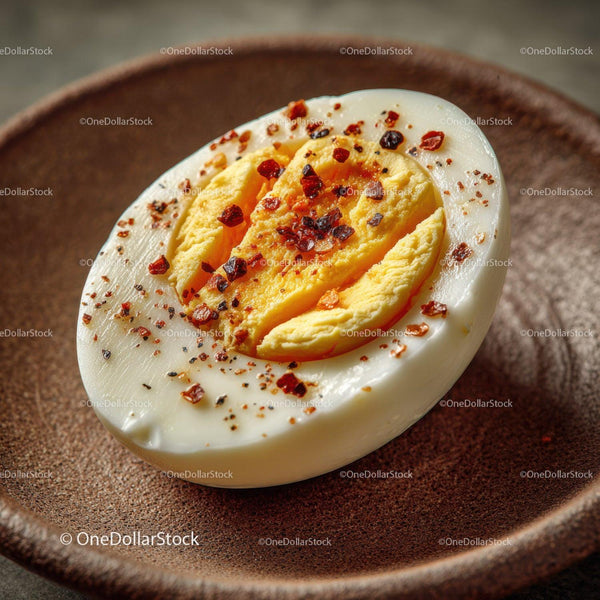 Close-up of a Sliced Hard-Boiled Egg with Chili Flakes in a Rustic Bowl