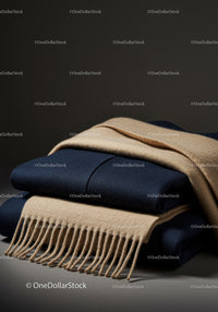 Folded Navy Blue Suit and Beige Scarf on Modern Table