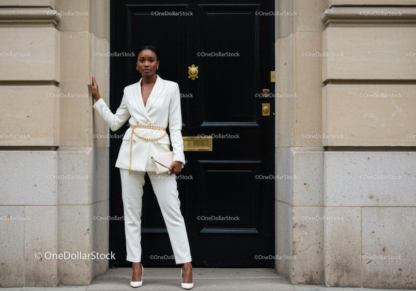 Confident woman in white suit posing against black door