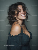 Joyful Woman with Curly Hair Wearing Stylish Outfit and Jewelry