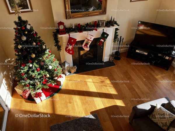 Cozy Living Room with Christmas Tree and Fireplace