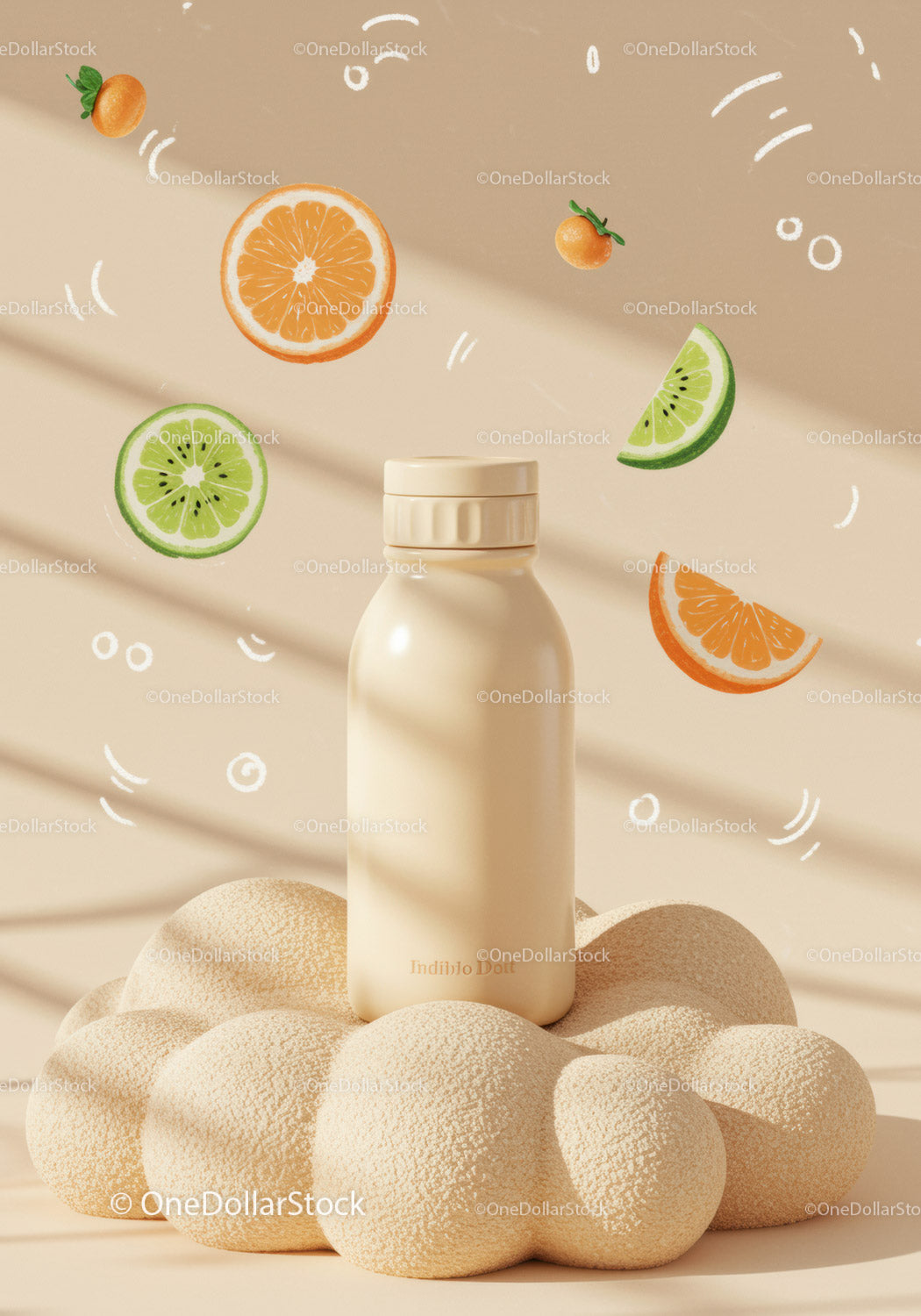 Minimalist bottle with citrus elements on textured surface