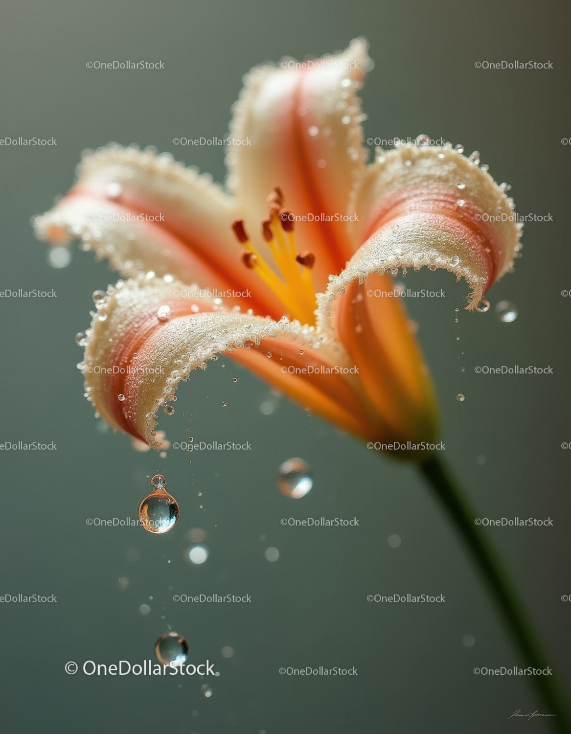 Pink Lily Flower with Water Droplets in Macro Close-Up Image