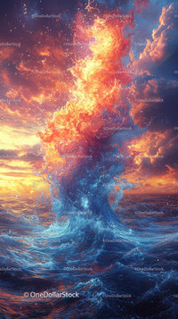 Abstract Fiery Explosion with Water Splash in Cosmic Scene
