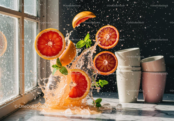 Fresh blood oranges splashing with mint leaves indoors
