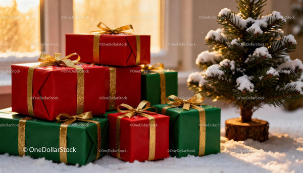 Stack of festive gifts by snowy Christmas tree indoors