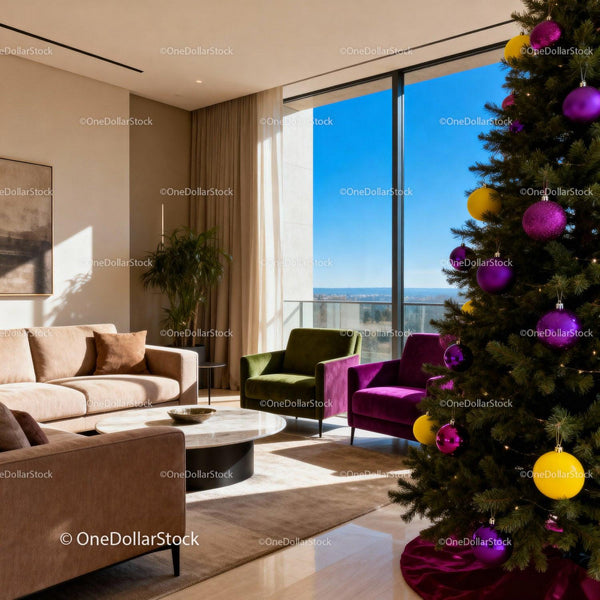 Modern Living Room with Festive Christmas Tree Decor