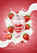 Strawberry Yogurt Drink Can Surrounded by Milk Splash