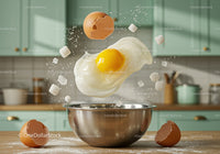 Fresh cracked egg and sugar cubes above mixing bowl